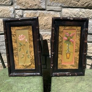 Pale Pink Magnolia Flower & Peony Painting Pair in Bamboo Style Frame